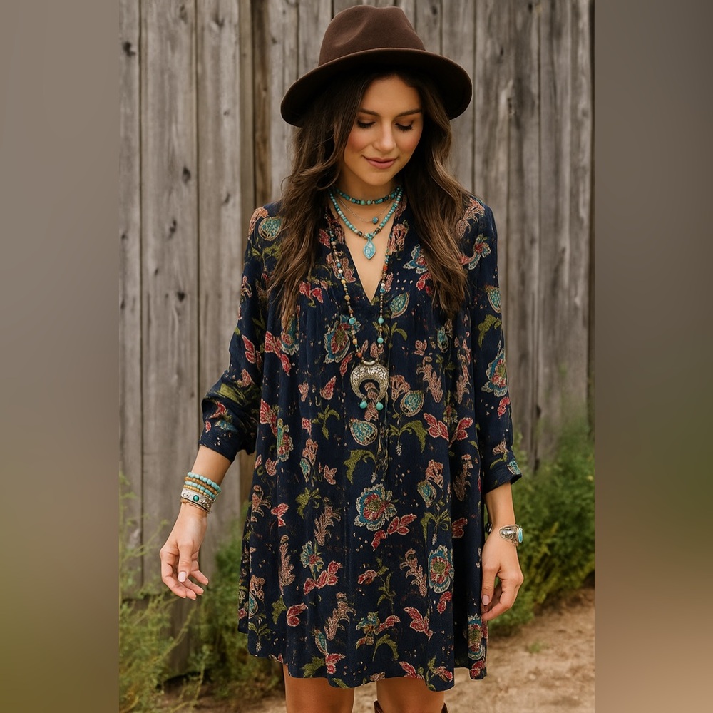 Suncoo || Florals and Metallic Navy Blue Dress